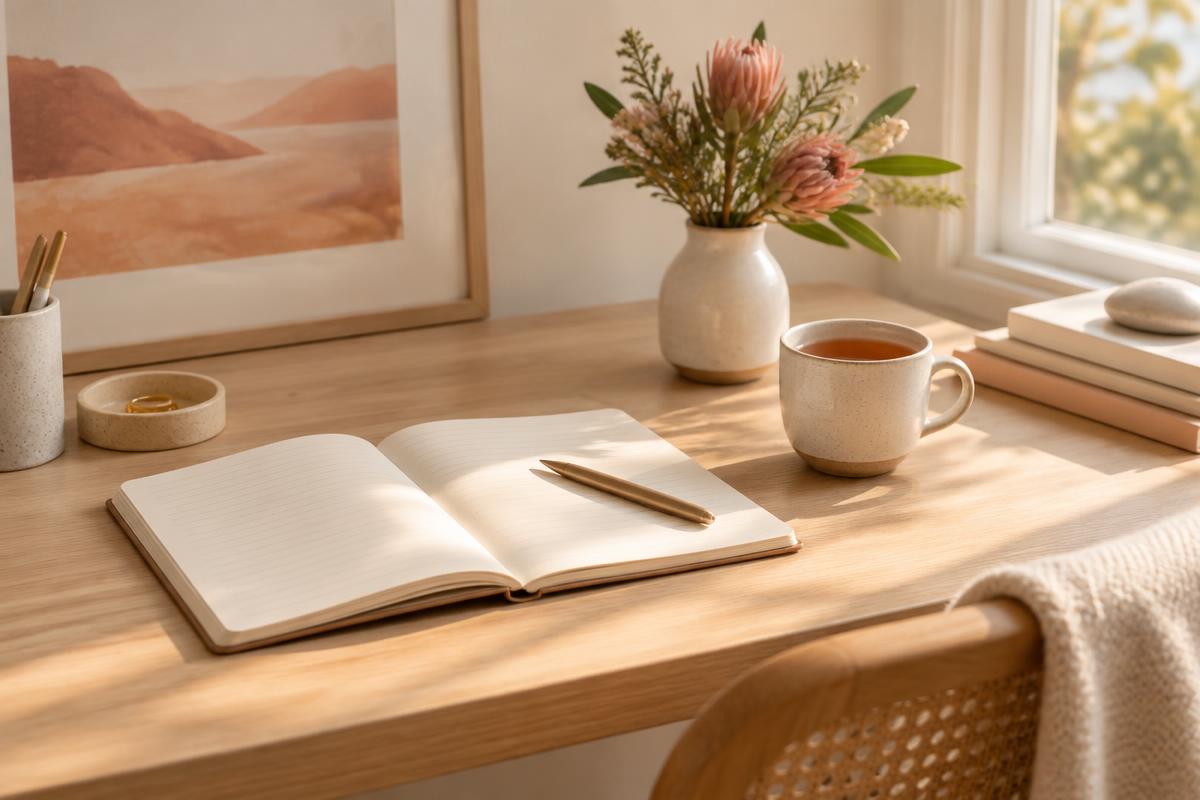 A calm, considered workspace with a notebook and tea